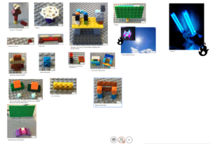 Mehrere Fotos zeigen Teile eines Lego-Modells, das den geplanten Makerspace und dessen Einrichtung zeigt.