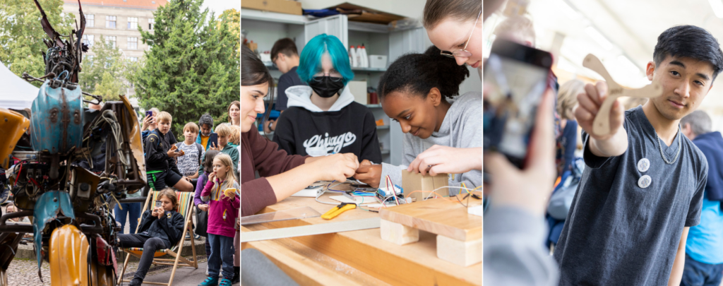 Drei Bilder, links: ein Roboter-Gitarrist vor einem großen Publikum aus Kindern und Jugendlichen; Mitte: vier Jugendliche (weiblich gelesen) beugen sich über einen Tisch und tüfteln gemeinsam; rechts: ein Jugendlicher (männlich gelesen) zeigt einen Boomerang, im Vordergrund ist verschwommen ein Handy zu sehen