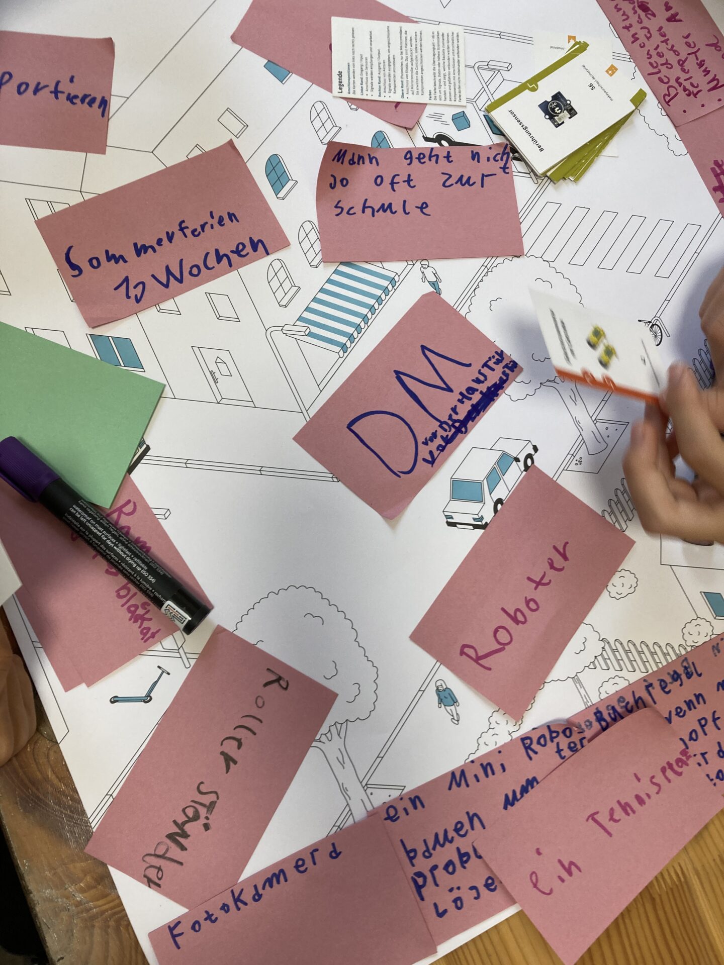 Auf einem Ideenfindungsplakat für einen besseren Kiez kleben viele rosa Post-Its mit Begriffen wie "Roboter" und "DM der Haustür".