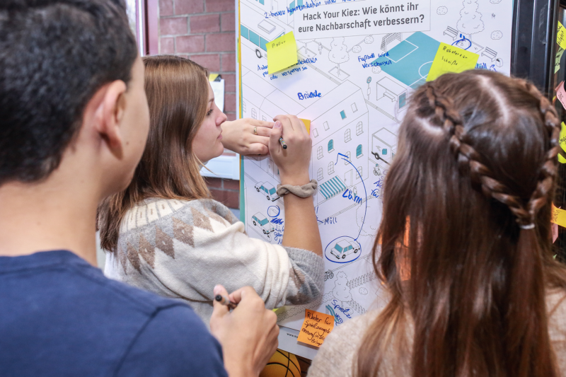 3 Jugendliche stehen vor einem Plakat auf dem steht: Hack your kiez, wie können wir unsere Nachbarschaft verbessern?