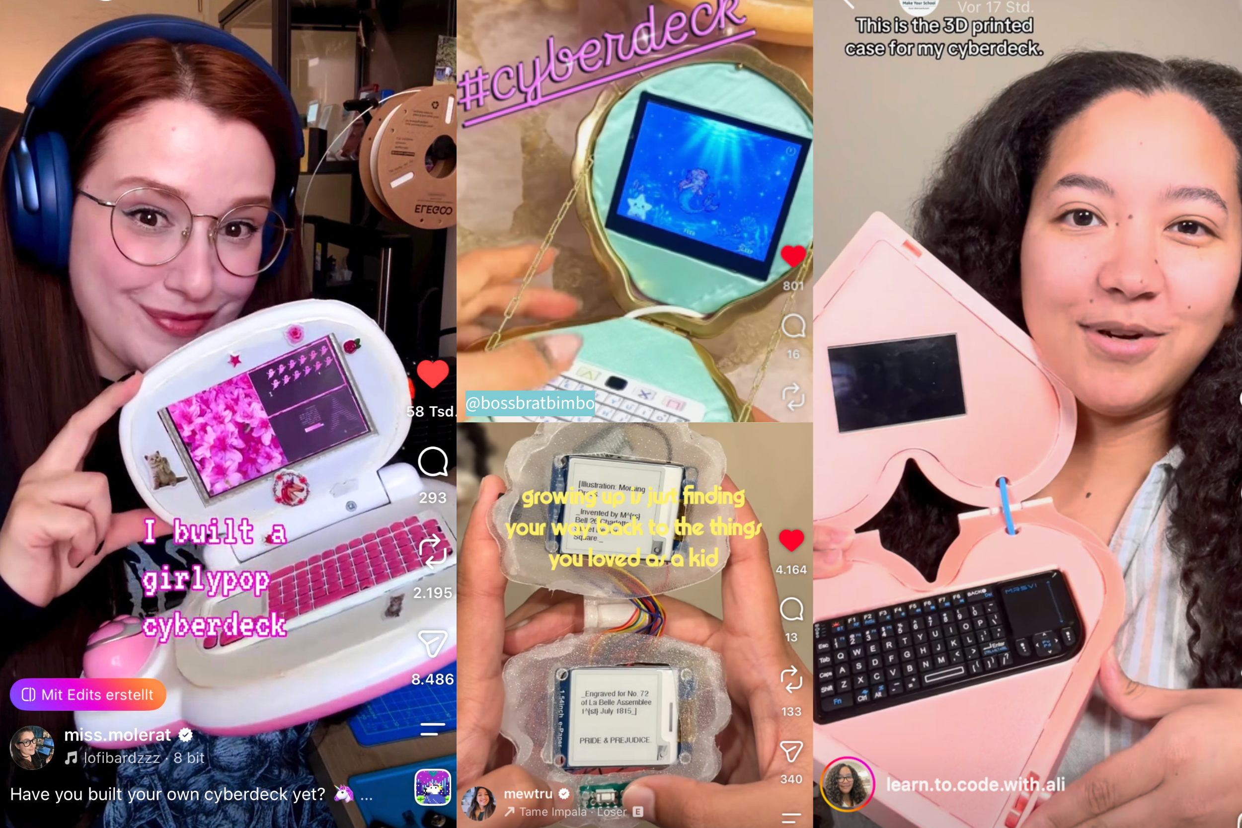 Collage aus 4 Reel-Screenshots von Creatorinnen und ihre cyberdecks